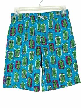 Lands' End Slim Volley Boys Blue Alligator Print Swim Trunks